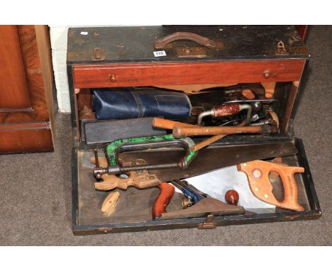 Joiners tool box and tools including record plane, clamps, chisels, etc.