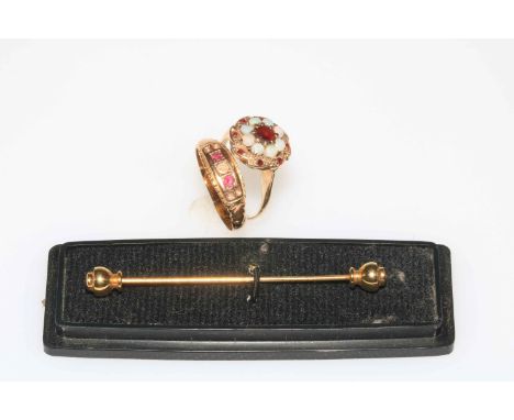 9 carat gold, opal and ruby ring and 15 carat gold ring and tie pin.