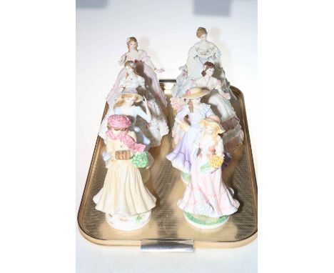 Five Royal Worcester ladies, two Royal Doulton and one Coalport lady figurines including The Four Seasons.