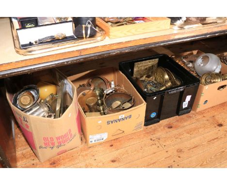 Four boxes of metalwares including oil lamp, scuttles, jugs, trays, etc.