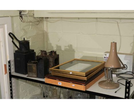 Vintage railway lamps, Libra tripod lamp, display case, framed plaques, angle poise lamp, etc.