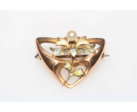 9 carat gold seed pearl and enamel brooch, boxed.