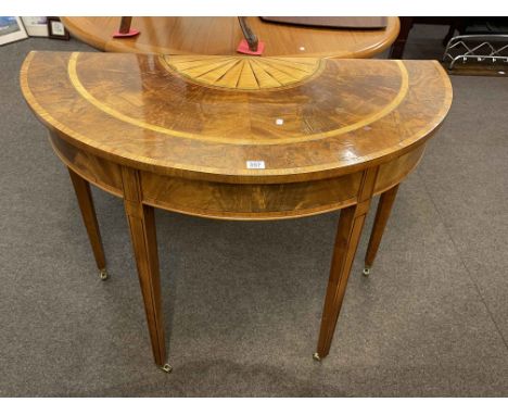 Mahogany and satinwood inlaid demi-lune console table and pair Victorian cabriole leg parlour chairs (3).