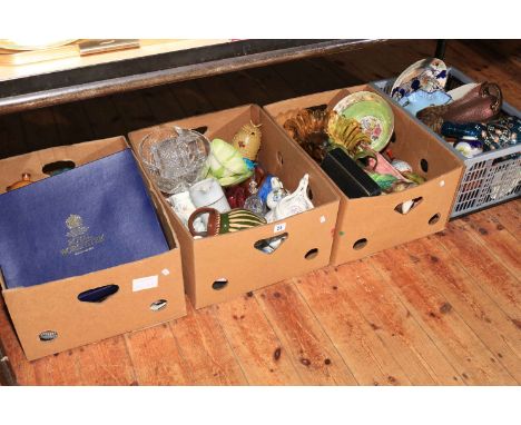 Four boxes of porcelain and glass including Royal Worcester, Maling, Noritake, Masons, etc.