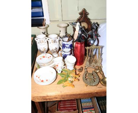 Soda siphons, carved barometer, clock, decorative porcelain, metalwares, etc.