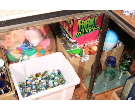 Box of marbles, Subbuteo, soft toys, coloured cut glass goblets, etc.