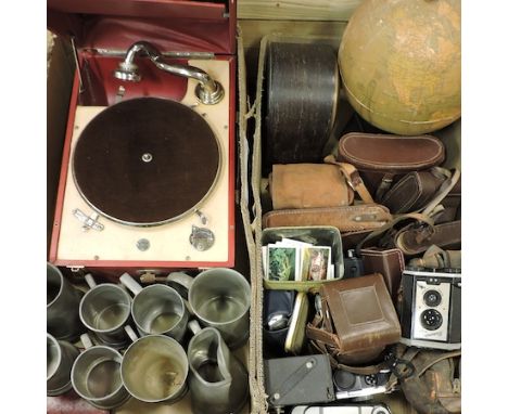 Two boxes of items, to include a Philips Challenge globe, vintage cameras and metalwares, together with a Decca record player