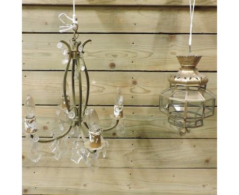 A brass chandelier, with a brass hanging lantern, 29cm tall, together with a collection of brass hardware