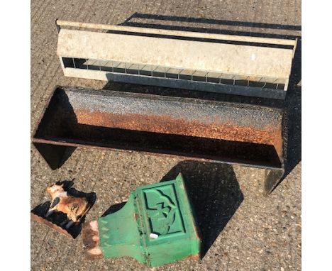An iron trough, 90cm, together with a cast iron hopper, a doorstop and a galvanised feeder