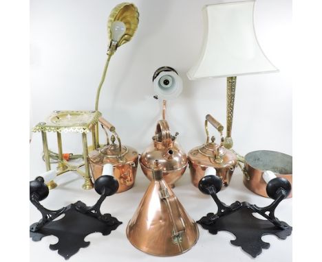 A collection of 19th century copper items, to include The Blanchard brass and copper oil wall light, copper kettles and brass