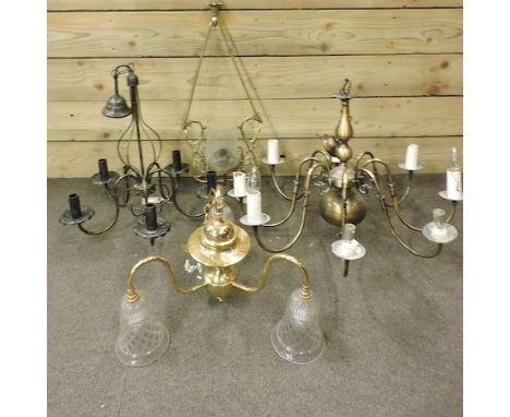 A brass eight branch chandelier, 75cm diameter, together with three other various chandeliers 