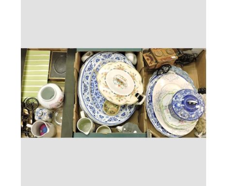 Three boxes of various china, to include meat plates and vases 