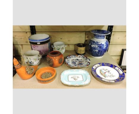 A collection of china, to include a pair of Sevres plates, studio pottery, a blue and white vase and a jardiniere, 22cm tall