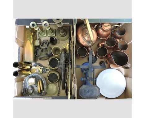 Two boxes of metalwares, to include a Lucas Silver King car lantern, a copper kettle and scales