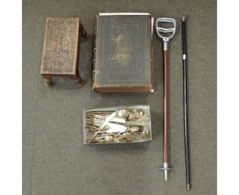 A Victorian bible, together with a carved oak footstool, a silver top walking cane, a shooting stick and a collection of bras