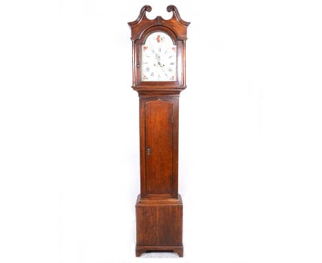 A George III oak longcase clock, Thomas Scott, Gainsborough, eight-day movement, arched painted dial, Roman numerals, date ap