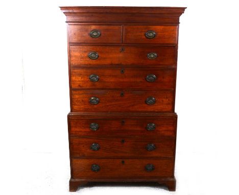 A Victorian mahogany chest on chest, moulded cornice, the upper section with two short above three long drawers, the lower se