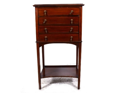 An Edwardian inlaid mahogany music cabinet, four flap-front drawers, base with an incurved shelf, width 54cm, depth 38cm, hei