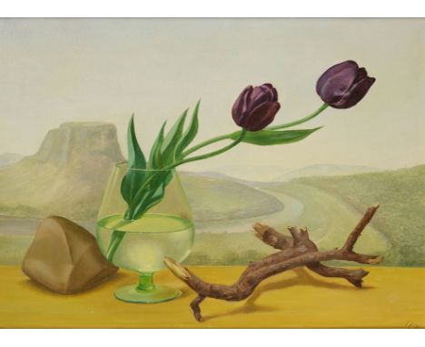 RUDOLF NEHMER(1912 Bobersberg - 1983 Dresden)Dunkle Tulpen, 1980Öl auf Hartfaserplatte, 47 x 65 cm, gerahmt, rechts unten mon