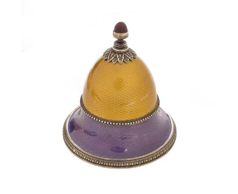 Russian Faberge Guilloche Enamel and 84 Silver Large Perfume Bottle with Cabochon Garnet Stopper. Signed Faberge (cyrillic), 