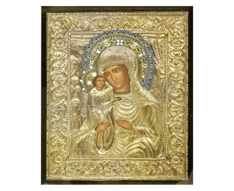 Antique Russian Silver and Enamel Icon, Madonna and Child, Unsigned. Spencer Gallerie certificate of appraisal included. Sigh