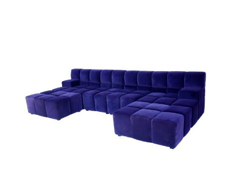 Large 6 Piece Mid Century Modern Tufted Purple Velvet Sectional Sofa. Includes: 2 corner pieces 38" x 45-1/2" x 39", 2 ottoma