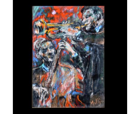 20th Century Enamel over Copper Painting, Musicians, Signed Lower Right. Measures 10" H x 7" W, frame measures 15-5/8" H x 12