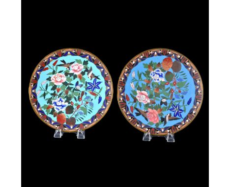 Pair of Chinese Cloisonne Enamel Chargers. Decorated with birds, butterfly, and flowers motif. Measures 12" Dia. Condition: G
