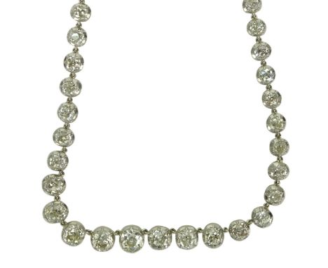Approx. 35.53 Carat TW Antique European/Mine Cut Diamond, 18 Karat Gold and Platinum Graduated Necklace. The diamonds range f
