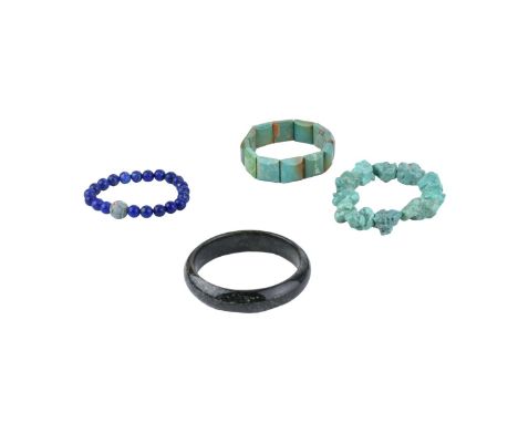 Four Chinese Hardstone Bracelets. Includes jade bangle 2-1/4" interior width 45 grams, turquoise nugget 2-1/4" interior 50 gr