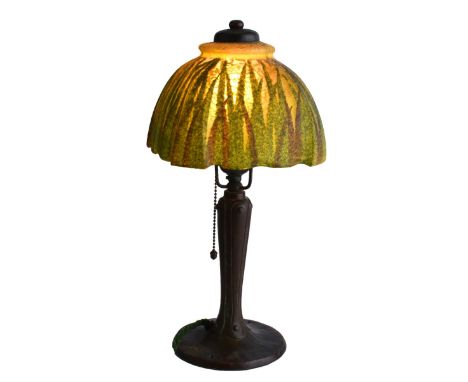 Handel Lamp Co., Table Lamp with Reverse Hand Painted Shade and Associated Bronze Base. Signed "Handel 5490" on the shade. Me