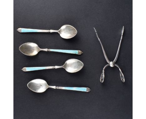 Sterling Silver Cutlery Lot. Includes 4 Watson enameled demitasse spoons, Georg Jensen Blossom sugar tongs. Signed. Spoons me