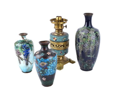Grouping of Four (4) Chinese and Japanese Cloisonne Tableware. Includes 3 vases and a oil lamp. Tallest measures 7-1/2" H, sm