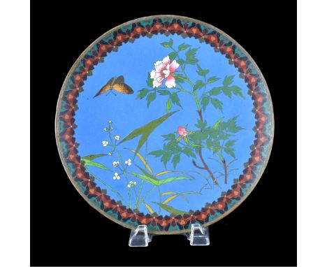 Large Chinese Cloisonne Enamel Charger. Decorated with butterfly and flowers motif. Measures 11-3/4" Dia. Condition: Good con