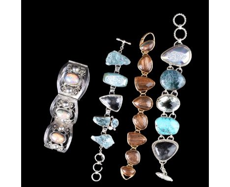 Four (4) Sterling Silver and Gemstone Bracelets. Set with various stones including: aquamarine, turquoise, opal, quartz etc. 
