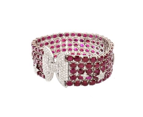 Contemporary Approx. 72.63 Carat TW Oval Cut Burma Ruby, 3.41 Carat Pave Set Round Brilliant Cut Diamond and 18 Karat White G