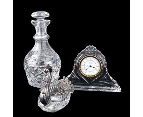 Grouping of Three (3) Vintage Crystal Tableware. Includes: Waterford clock, sterling and crystal articulated swan cellar, and