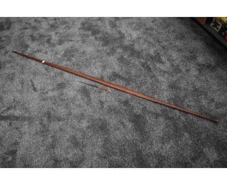 A possibly medieval wooden Long Bow, flat to one side and other side curved, with unassociated metal Arrow Tip
CONDITION REPO