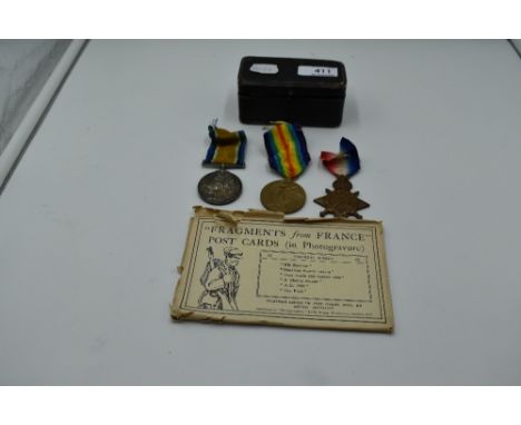 A Trio of WW1 Medals to 22567 PTE A Thacker Bord R, 1914-15 Star, Victory Medal and War Medal along with 6 Bairnsfather Postc