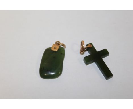 TWO 9 CARAT ROSE GOLD MOUNTED JADE PENDANTS TO INCLUDE A CROSS 