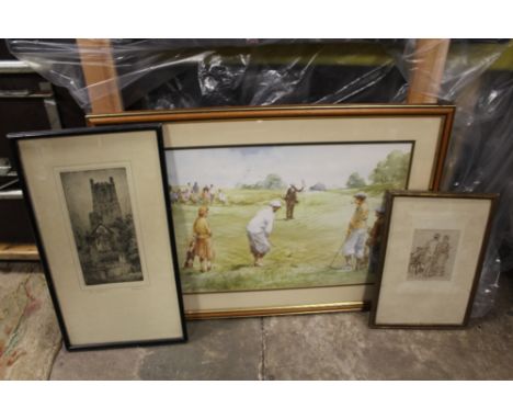 A FRAMED AND GLAZED PEN AND INK SKETCH OF AN INTERIOR SCENE WITH FIGURES TOGETHER WITH A PRINT OF ELY CATHEDRAL AND A GOLFING
