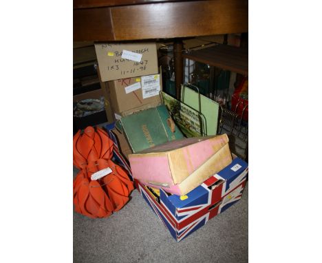 A TRAY OF VINTAGE AND RETRO COLLECTABLES TO INCLUDE RETRO LIGHT SHADES, MAGAZINE RACKS AND ELECTRICALS 