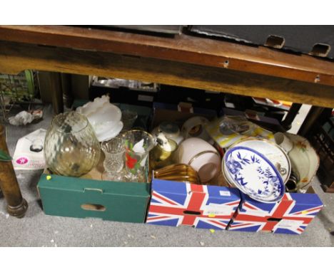 THREE TRAYS OF ASSORTED GLASSWARE AND CERAMICS TO INCLUDE RETRO LIGHT SHADES, WEDGWOOD ETC. 
