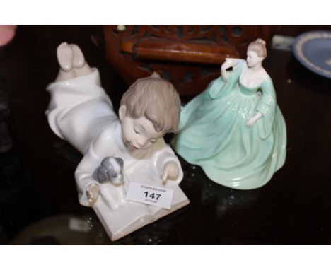 A NAO FIGURE OF A BOY READING A BOOK, TOGETHER WITH A COALPORT LADY FIGURE 