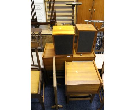 AN ARMSTRONG VINTAGE TEAK RADIOGRAMME + SPEAKERS, FIRESCREEN + ANOTHER CABINET  (5)