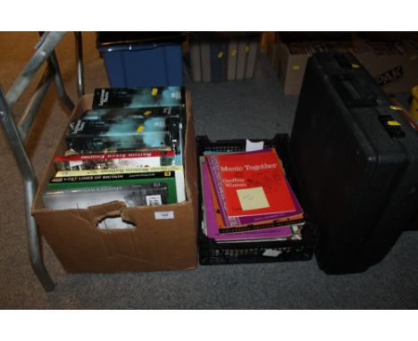 A BOX OF RAILWAY BOOKS & A TRAY OF MUSIC BOOKS TOGETHER WITH A TYPEWRITER