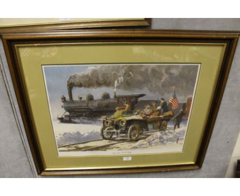 A PETER HELCK LIMITED EDITION COLOURED PRINT 'SAFE ON THE R. R. SIDING', signed and No 257/500, framed and glazed, 43 x 58 cm