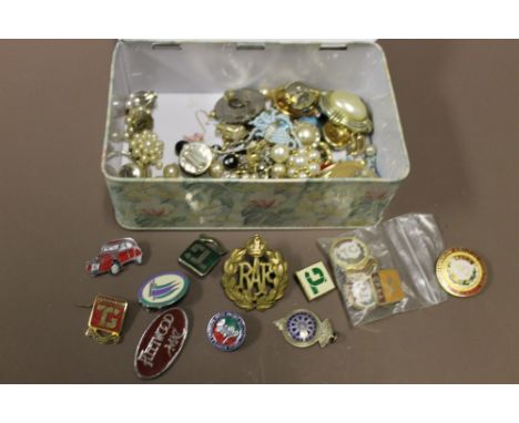 A BOX OF ENAMEL BADGES, VINTAGE EARRINGS ETC