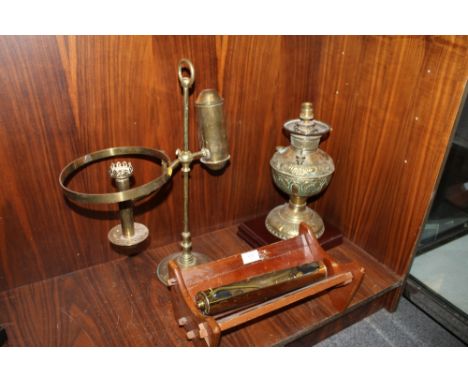 A QUANTITY OF BRASSWARE TO INC AN OIL LAMP TOGETHER WITH A WWII SCRAP BOOK