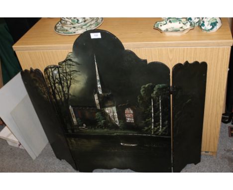 A MOTHER OF PEARL INLAY FIRESCREEN FEATURING A MOONLIT CHURCH